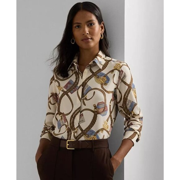 Lauren Ralph Lauren Womens Large Classic Fit Belting print Crepe Shirt Blouse - Picture 12 of 14